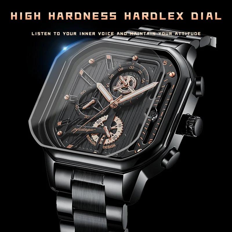 POEDAGAR Multifunction Chronograph Watches Men Sports Style Square Stainless Steel Waterproof Quartz Wristwatches Calendar Clock