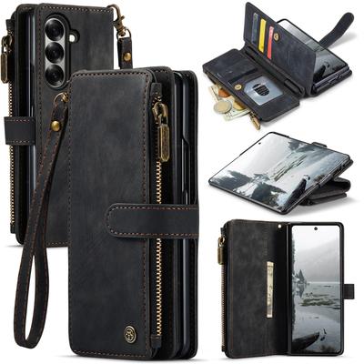 Leather Case for Samsung Galaxy Z Fold 7 Fold6 5 4 3 5G W23 W22 Card Holder Magnetic Buckle Wallet Phone Cover with Hand Strap