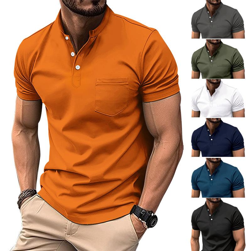 Fashion New Cross-border Men's Casual POLO Shirt Pockets V-neck Buttons Business Solid Colour Versatile T-shirt Tops
