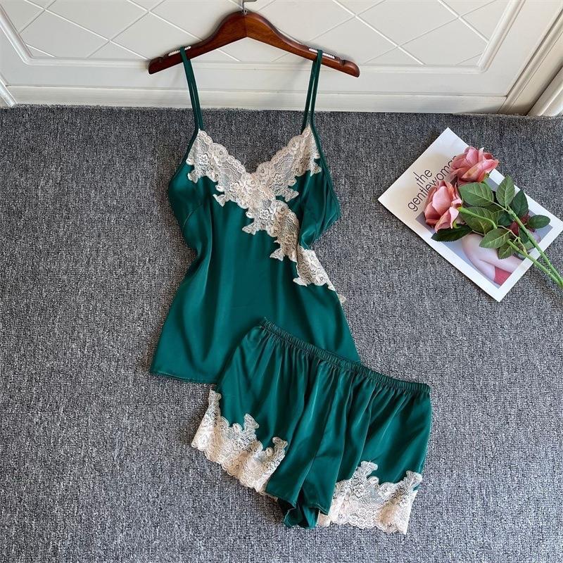 Japanese sexy suspender pajamas women's shorts two-piece set lace lace thin summer ice silk new loungewear