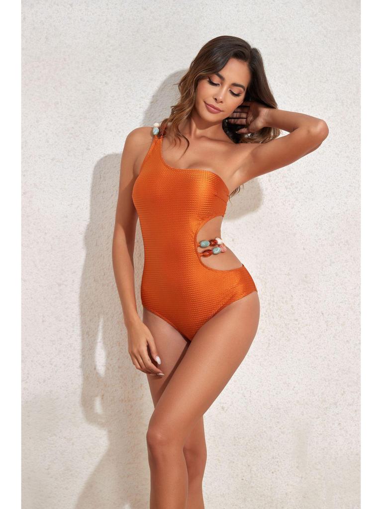 2025 Women's Beaded One-Shoulder Slimming Swimsuit: Tummy-Covering Bikini & Sun Protection Gauze Skirt