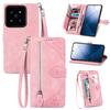 For Xiaomi 14T Zipper Wallet Case with Strap Flower Imprint PU Leather Phone Cover
