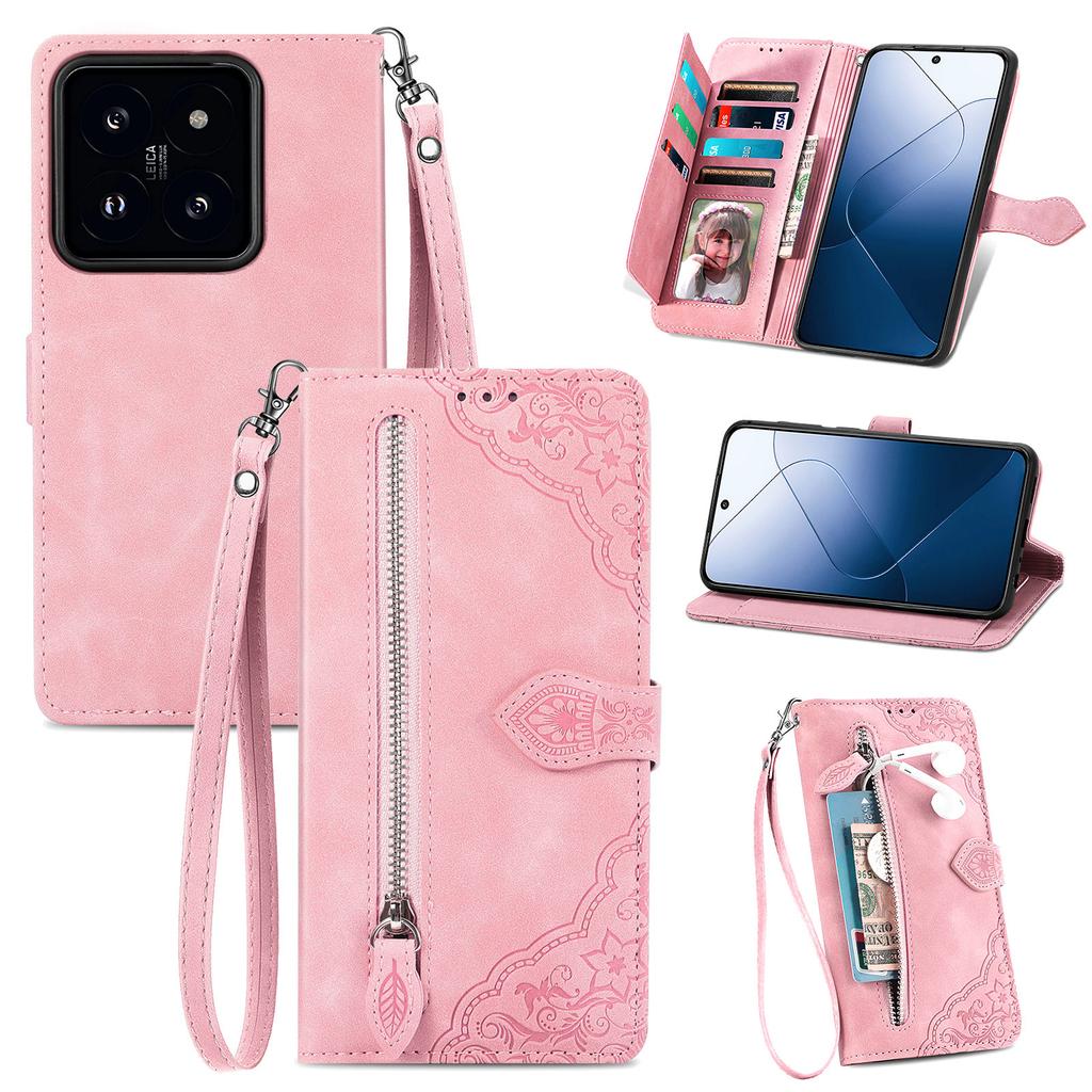 For Xiaomi 14T Zipper Wallet Case with Strap Flower Imprint PU Leather Phone Cover