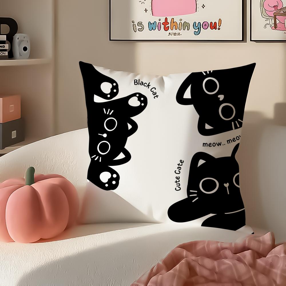 Cute Tiny Adorable Art Cartoon Little Black Cat Cushion Cover Pillowcase Short Plush Invisible Zipper Room Sofa Cushion Cover