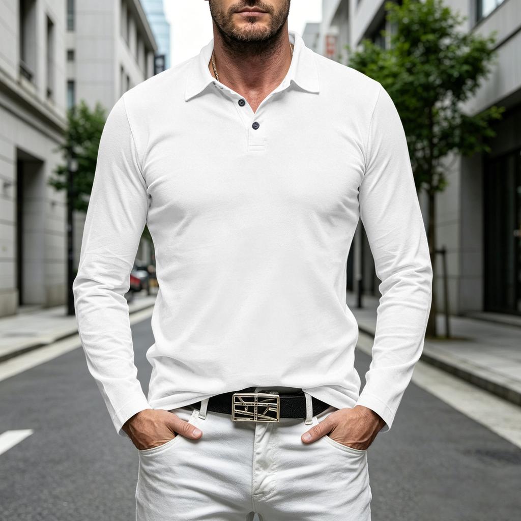 Men's Casual Loose Fit Long Sleeve Polo Shirt Button Collar Soft Fabric Comfortable Everyday Wear