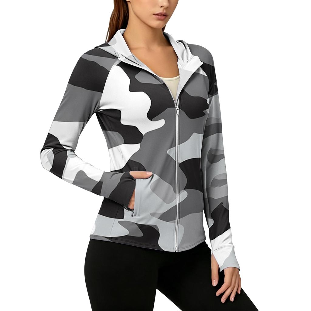 Leichte Kapuzenjacke mit Reißverschluss und Taschen für Damen, Langarm, Camouflage, Sonnenschutzjacke für Outdoor-Aktivitäten
