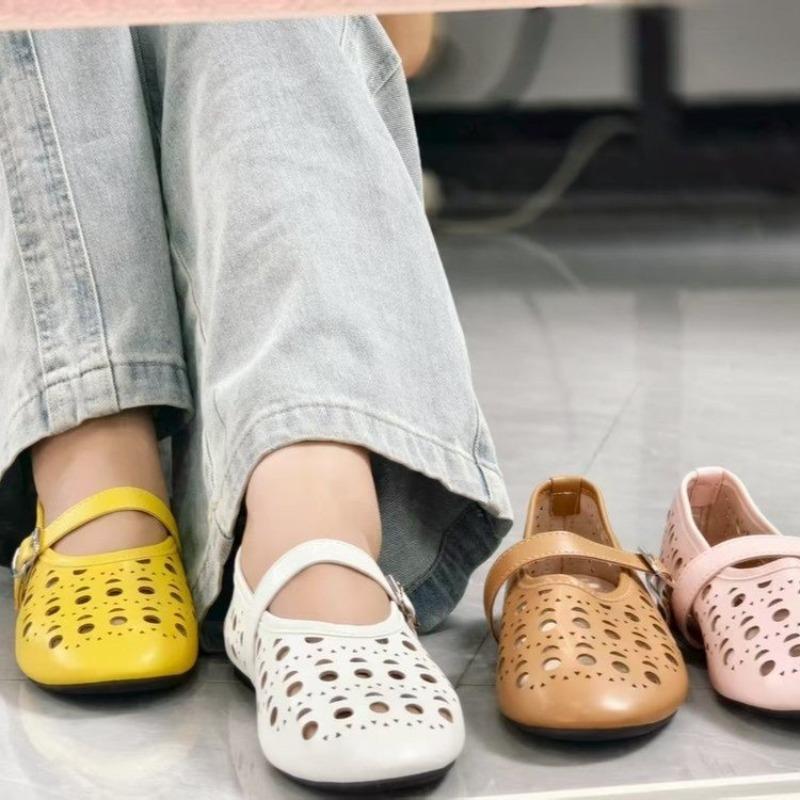 

Spring and Autumn Soft Leather Shallow Mouth One-word Buckle Strap Hollow Round Head Flat Sole Single Shoes Women s Ballet Boat Shoes Leather Shoes 40 коричневый