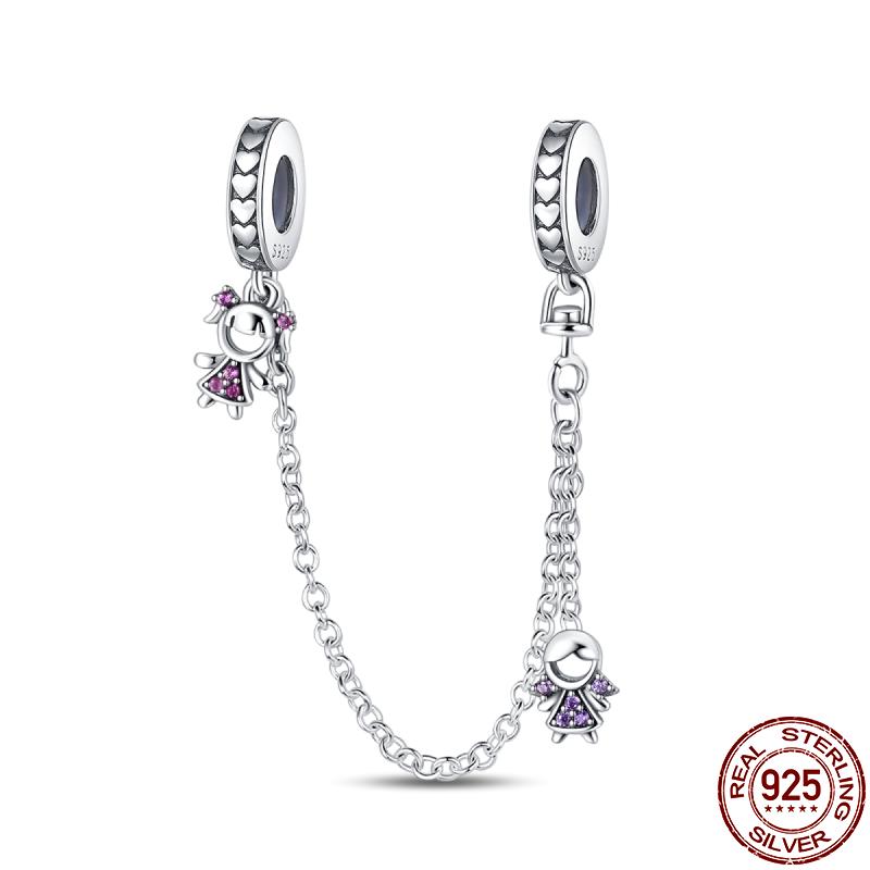 New 100% 925 Silver Lucky Clover Safety Chain Charms Bead Fits Original Pan Bracelet Pendant Women Fashion Fine Diy Jewelry