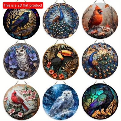 1pc 2d Flat Round Wooden Flat Sign - 20cm Bird Peacock Sign Theme Painted Office Home Decoration, Mother's Day Gifts, Thanksgiving Wall Decorative