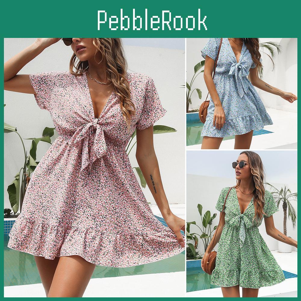 Small Ladies Floral Dress Ruffled Front Knotted Deep Vneckline Shortsleeved Womans Elegant Mini Dress