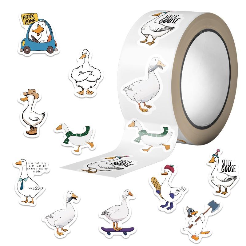 

500 штук на рулоне - Забавные гуси в мультяшном стиле, Водонепроницаемый декоративный чехол для телефона для багажа, скейтборда, рулон ПВХ, Стикер на рулоне