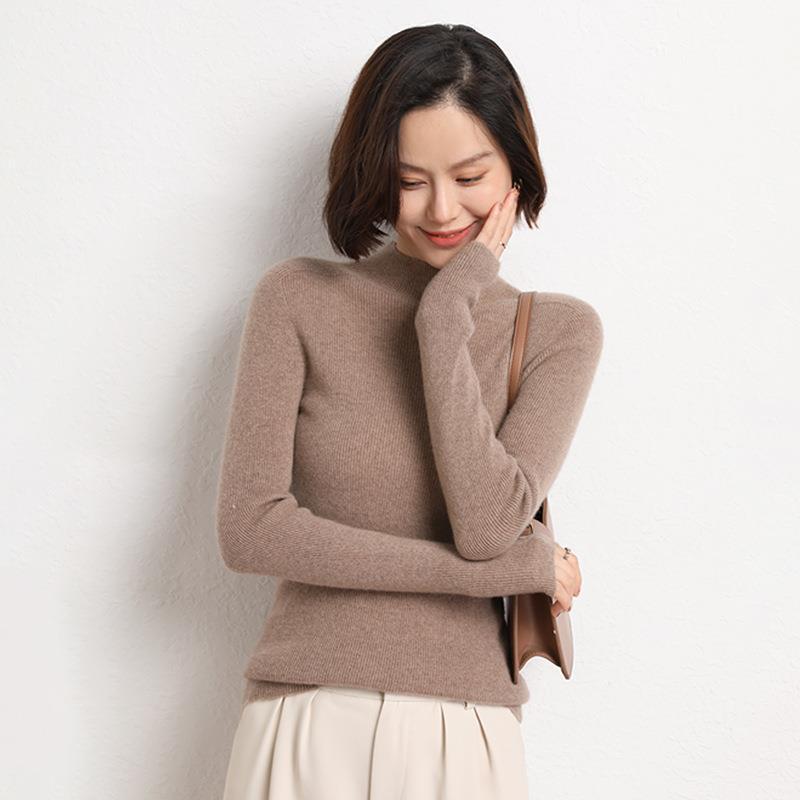 Autumn & Winter Slim-Fit Women's Ribbed Pullover Sweater - Half-High Collar, Casual & Versatile Fashion Base Layer