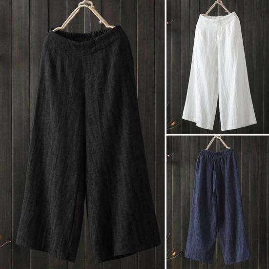Casual Women Solid Color Elastic Waistband Wide Leg Trousers Loose Long Pants