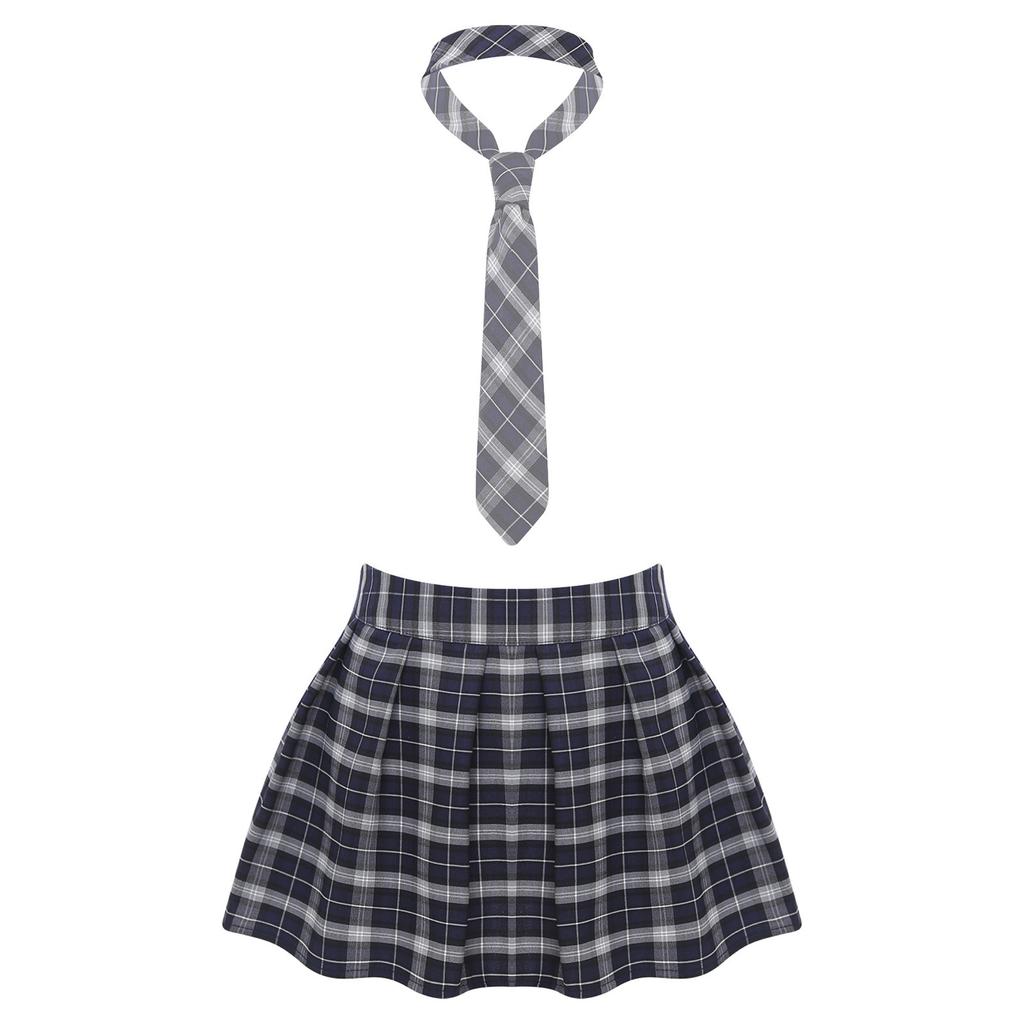 Women Plaid Pleated Mini Skirt with Attached Necktie School Uniform Style Zipper Closure Fancy Dress Costume