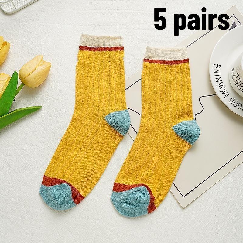 5 Paar Damen-Socken mit Spleiß-Design in Bonbonfarben, gerippt in der Mitte des Schlauchs, atmungsaktiv, schweißabsorbierend, hochelastisch