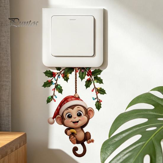 Holiday Switch Plate Covers Cute Hanging Monkey Sticker for Christmas/Halloween Decor, Self-Adhesive Light Sticker, Removable PVC Wall Art Decal