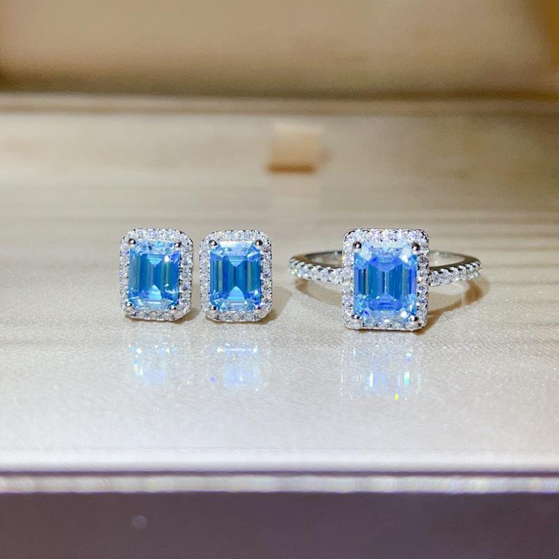 Blue Sapphire Moissanite Ring & Earring Set - Ice Blue Diamond Classic Fashion Style