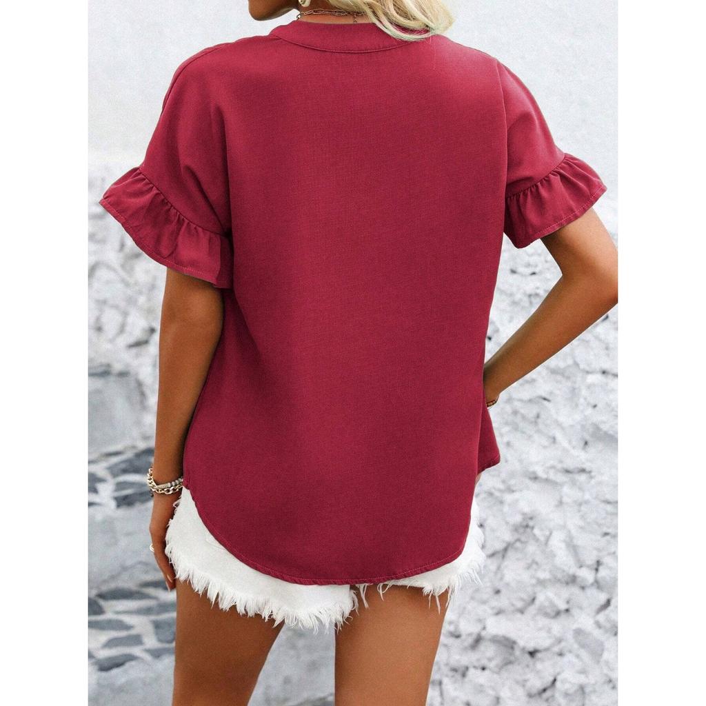 GMXIA Women's Casual Short Sleeve Pleated Shirt Button Solid Color Cotton Hemp Stand Collar Shirt Women