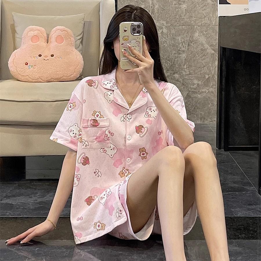 Internet Celebrity New Sweet Pink Love Bear Pajamas Women's Summer Short-sleeved Shorts Set Student Dormitory Casual Home
