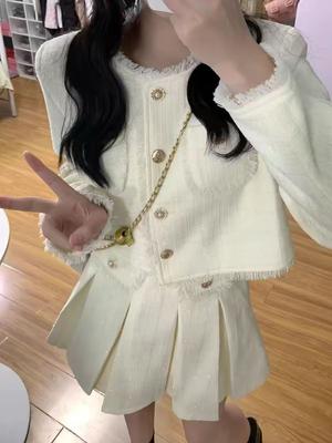 White France Vintage New Two Piece Set Women Korean Design Slim Party Skirt Suit Female Short Sweet Coat Mini Pleated Skirt 2024