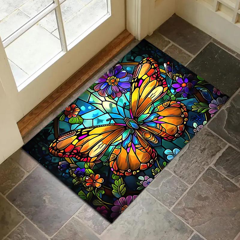 Outdoor Mat Stained Glass Butterfly Floral Design Non-Slip Mat Mat Entryway Kitchen Bathroom Balcony Vibrant Colors Home Decor