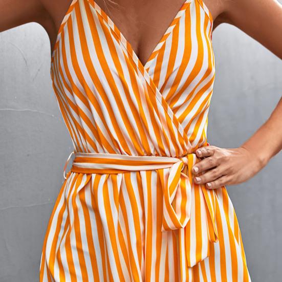 Lady Jumpsuit Sleeveless Deep V Neck Stripe Print Contrast Color Tight Waist Summer Romper Female Clothes
