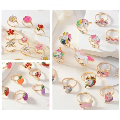Children Adjustable Rings with Mini Box Pretend Play Toy Kids Birthday Gifts Makeup Toys Cute Cartoon Jewelry Alloy Ring TMZ