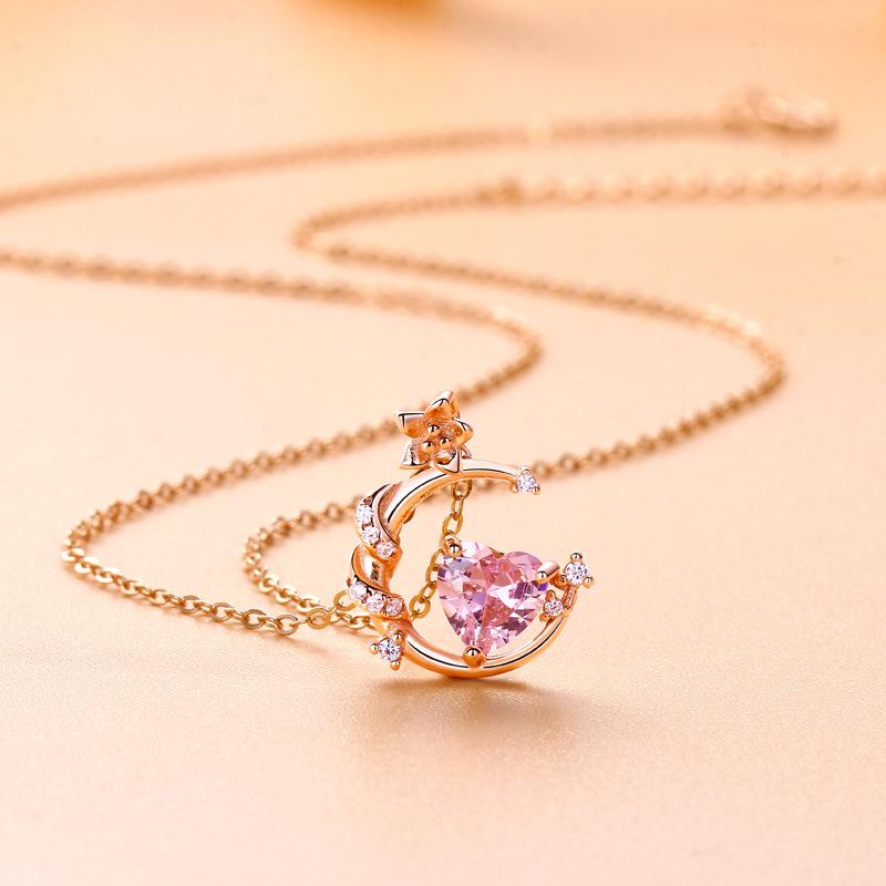 Original Fantasy Herz Mond Halskette Damen Koreanische Nische Rosa Diamant Hohes Gefühl Sommer Süß Schön Damen Schmuck Qualität