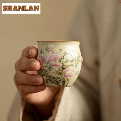 Imitation Song Ru Kiln Porcelain Tea Cup Creative Magnolia Flower Tea Bowl Small Tasting Mug Tea Pair Meditation Cup Ornaments
