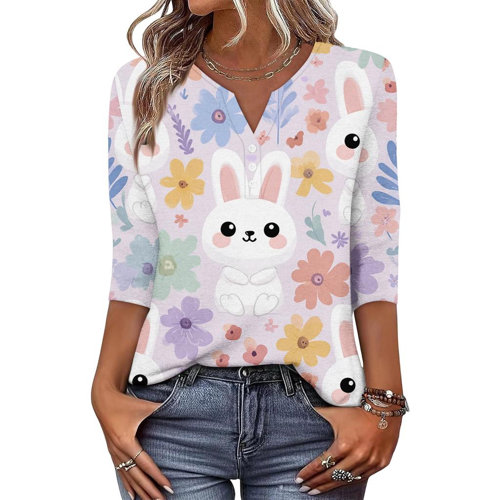 Top T-shirt de Damă la Modă și Casual cu Imprimeu Iepuraș de Paște și Ouă, Decolteu în V, Nasturi, Mânecă Trei Sferturi
