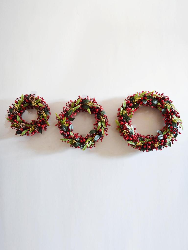 Handmade Christmas Wreath with Red Berries & Green Leaves on Steel Ring for Door Decoration