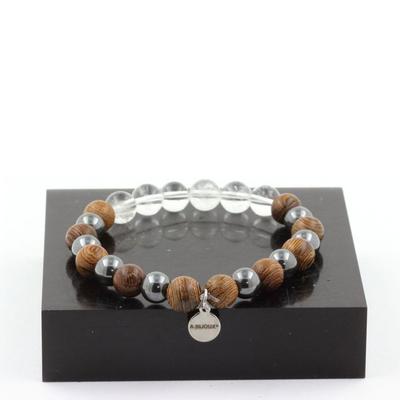Stones and Minerals. 8 Mm Quartz + Hematite + Wood Bead Bracelet. Made In France.