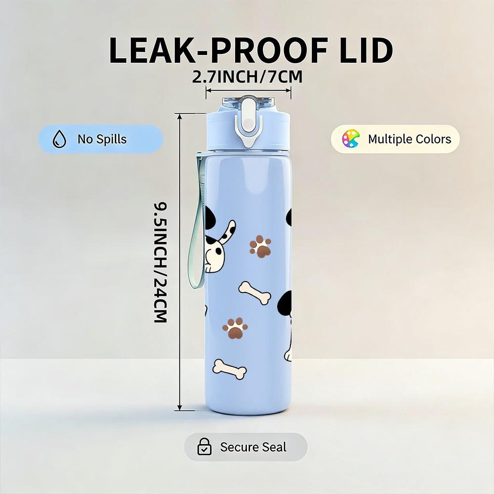 1PC Multi Puppy Dog Face Cartoon Pattern Print 750ml Color Plastic Sports Water Bottle Leakproof Flip Straw Lid Suitable for Sports Office Home Use