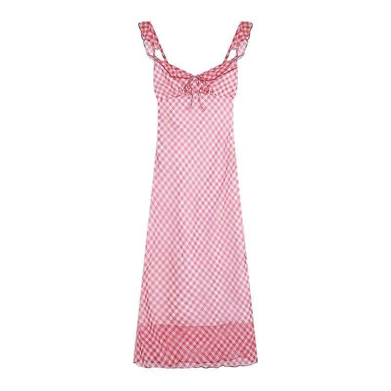 [Original practice + inner lining] Sweet French red plaid suspender dress for children's vacation wind fish tail long