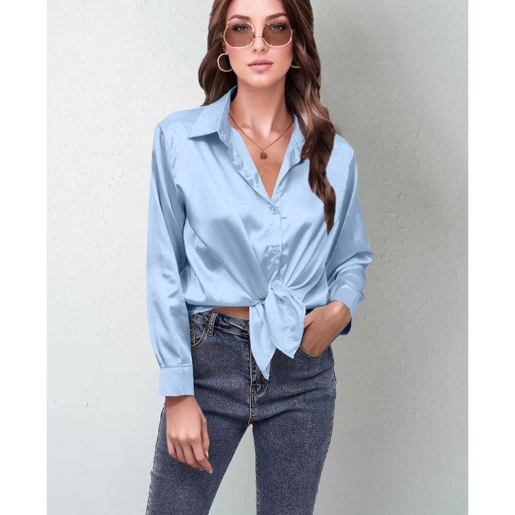 Flip Collar Pleated Long Sleeved Women's Satin Shirt, Elegant and Slim Fit, Suitable for Commuting To Work