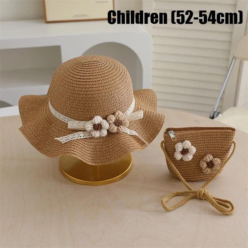 Summer Straw Hat and Bag Set for Girls 3D Flower Lace Bow Wide Brim Fisherman Cap and Crossbody Bag Cute Children's Sun Hat