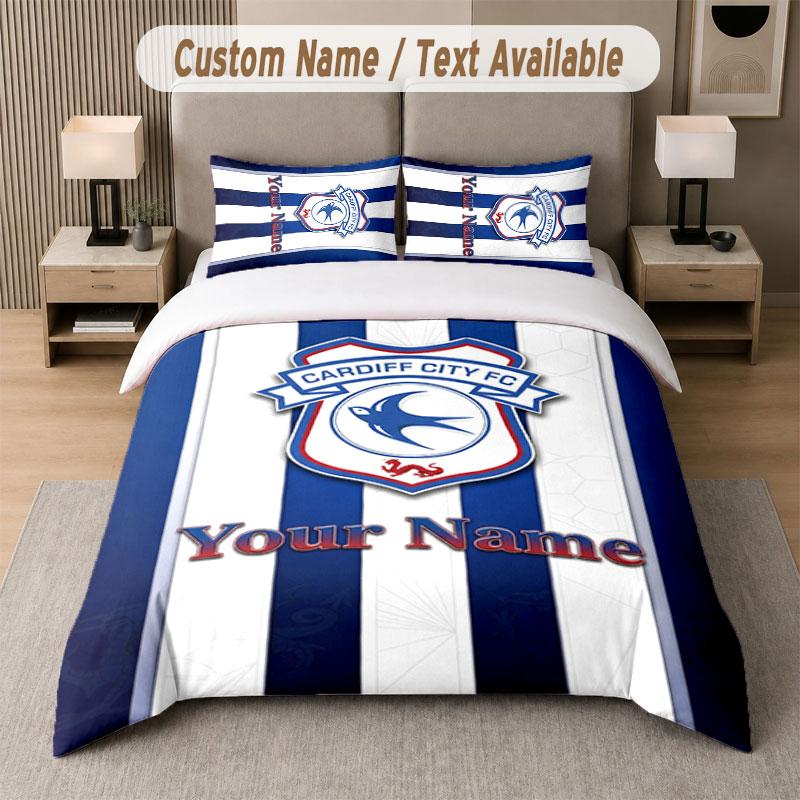 Custom Bedding Set Cardiff City Pattern, Print Name Text 1 Duvet Cover Plus 2 Pillowcases Home Textile