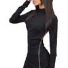 Women's High Neck Long Sleeve Mini Dress Bodycon Mid Waist Solid Side Zipper Split Sexy Club Dress