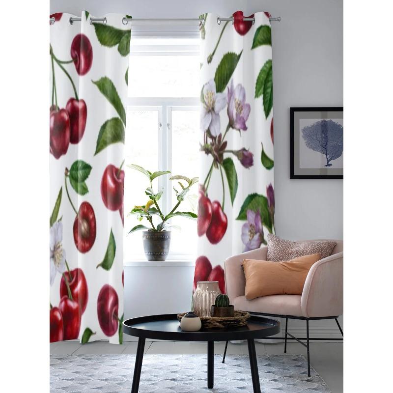 Watercolor Cherry Summer Fruit Window Curtain For Living Room Bedroom Decoration Curtains Luxury Kitchen Valance Curtains