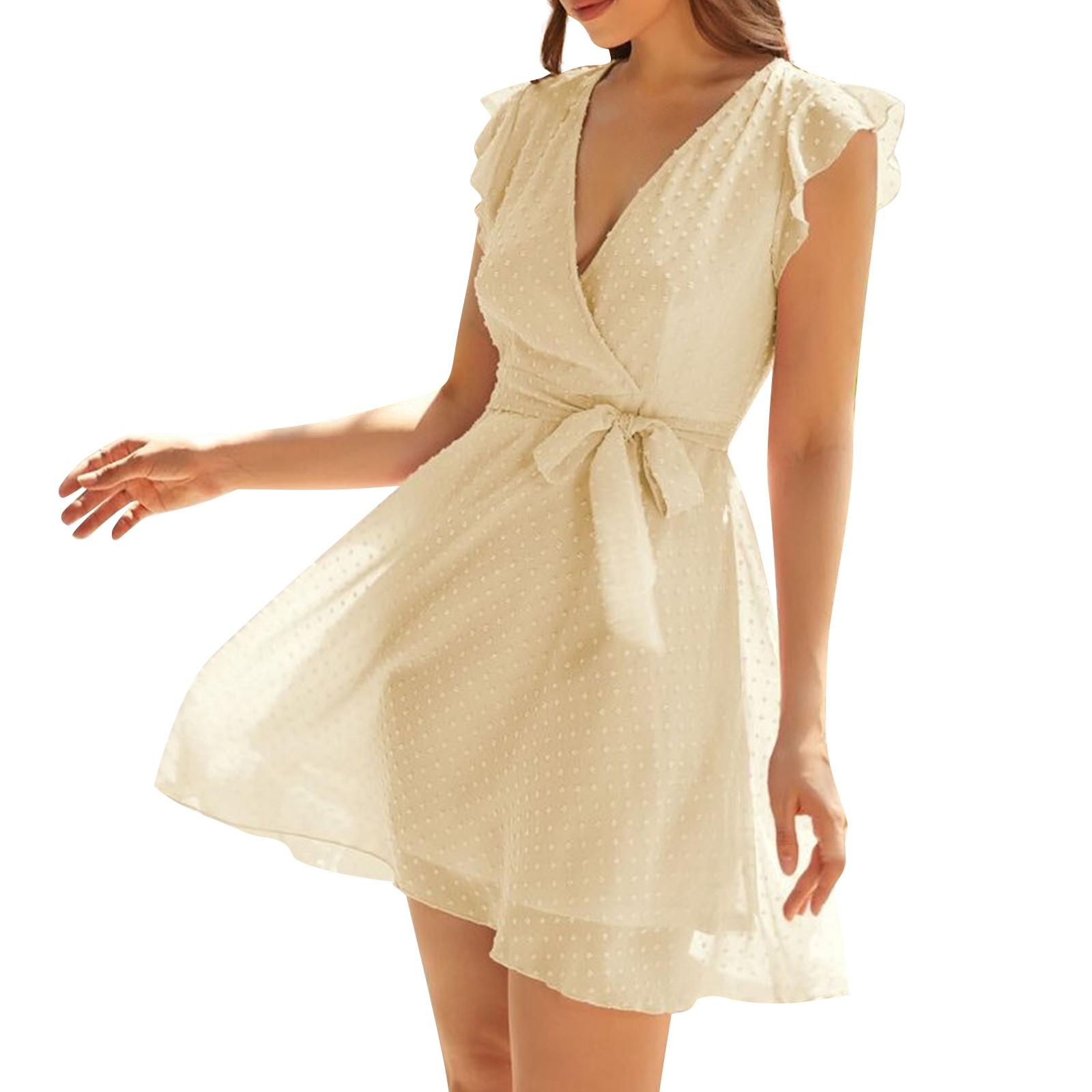 

Женская мода с v-образным вырезом, однотонные повседневные платья без рукавов с рюшами и манжетами L бежевый