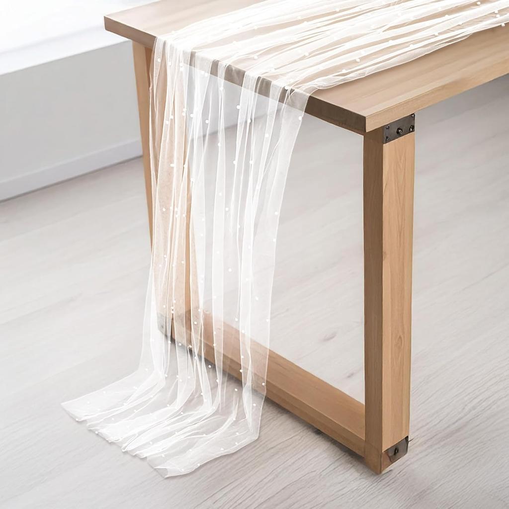Pearl Table Runner, 10 FT White Tulle Fabric Lace Tablecloth Wedding Table Runner Pearl Decor for Bridal Shower Birthday Party Wedding Arch Veil
