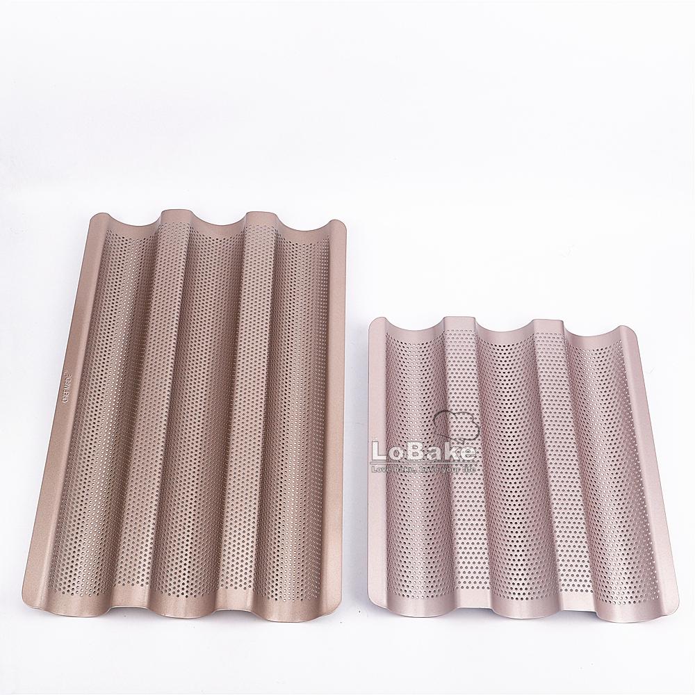 2 Sizes 3 Well Champagne Gold Colour Nonstick Coating Perforated Baguette Tray Pan French Bread Mold Baking Equipment