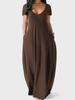 Plus Size Damen Einfarbiges Kleid Sexy Deep V Kurzarm Langer Rock