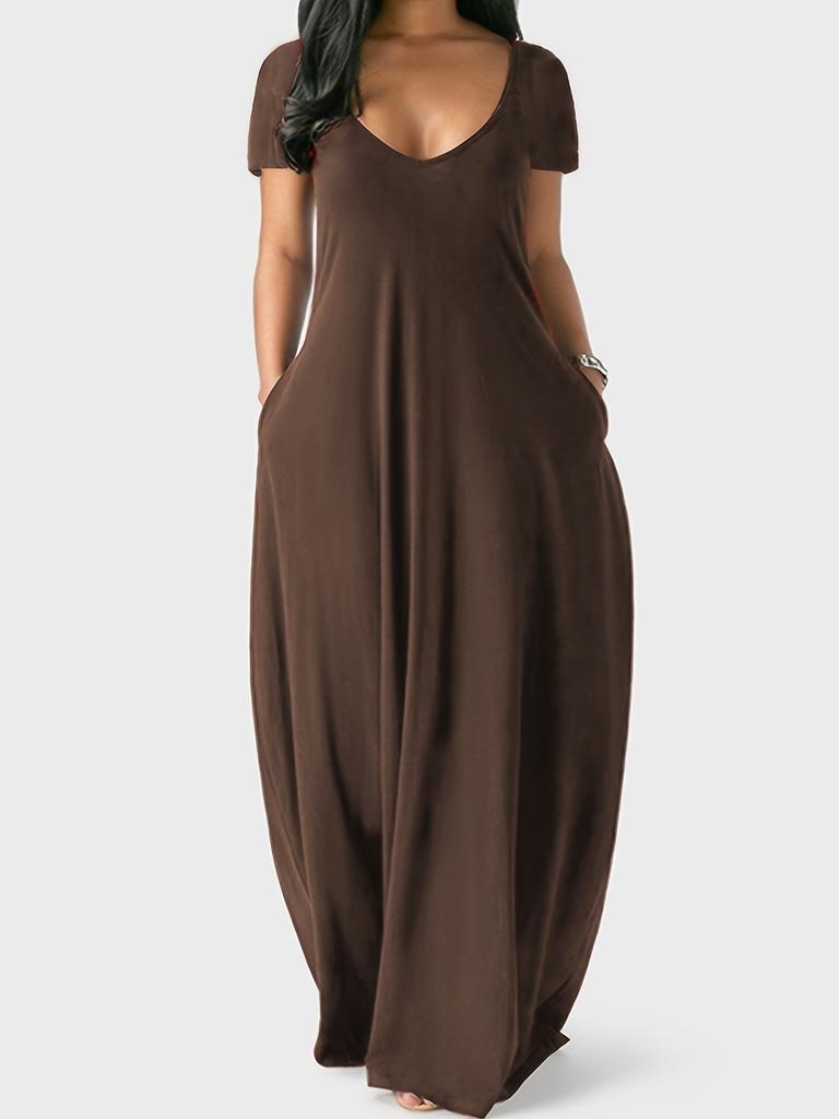 Plus Size Damen Einfarbiges Kleid Sexy Deep V Kurzarm Langer Rock