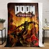 A warrior fights demons amidst fiery chaos with glowing weapons. for all seasons blanket lunch break throw gift