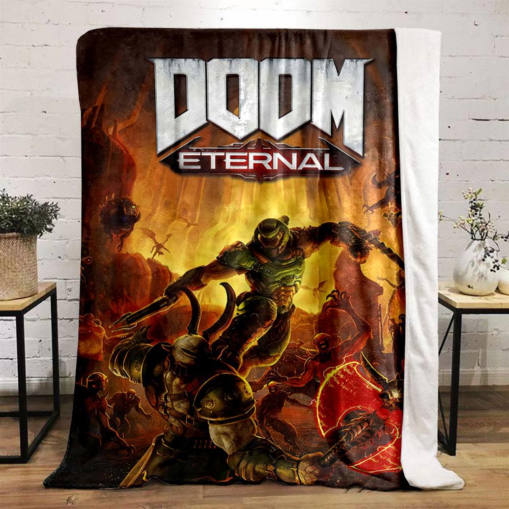 A warrior fights demons amidst fiery chaos with glowing weapons. for all seasons blanket lunch break throw gift
