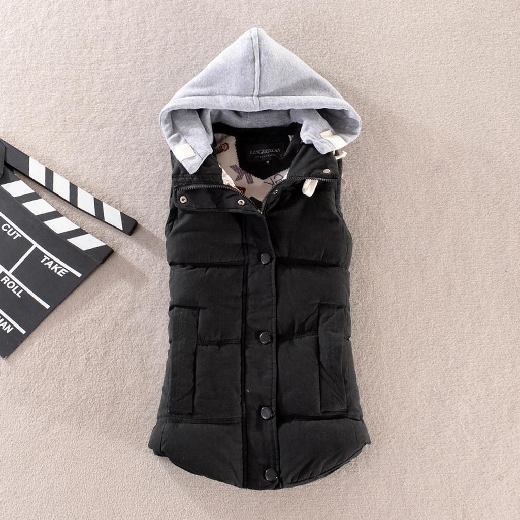 Women Vest Female Warm Sleeveless Jacket Cotton Solid Hooded Vest For Outerwear