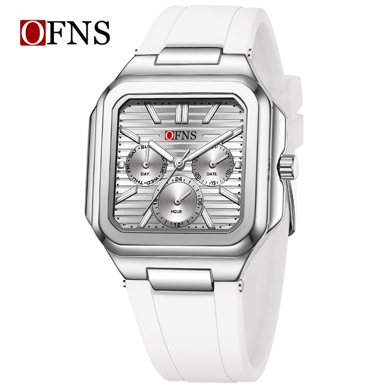 OFNS Six-Hand Men's Square Quartz Watch: Luminous, Day-Date, 30M Waterproof, Silicone Steel Band, Hot Seller