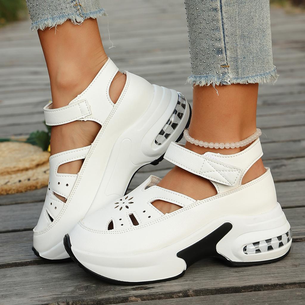 Sandały Damskie Letnie Wycinane Sandały na Koturnie Gruba Podeszwa Buty w Stylu Rzymskim Codzienne Skórzane Buty z Okrągłym Noskiem dla Kobiet