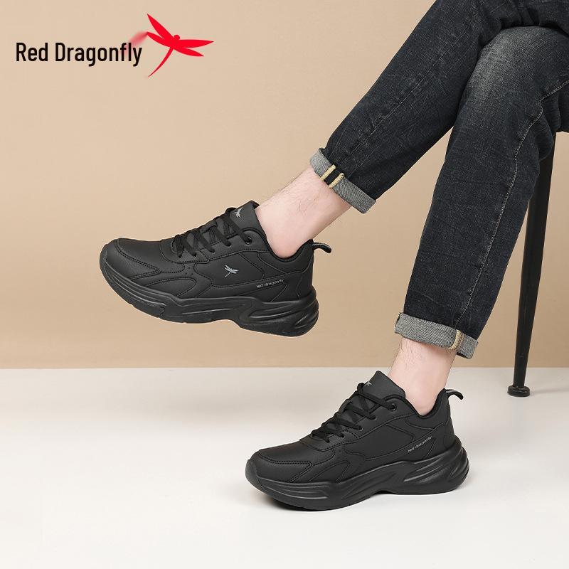 Red Dragonfly Men's Black Warrior Sports Shoes: Spring/Autumn, Thick Sole, Height-Boosting, Waterproof, Trendy Casual Dad Shoes.